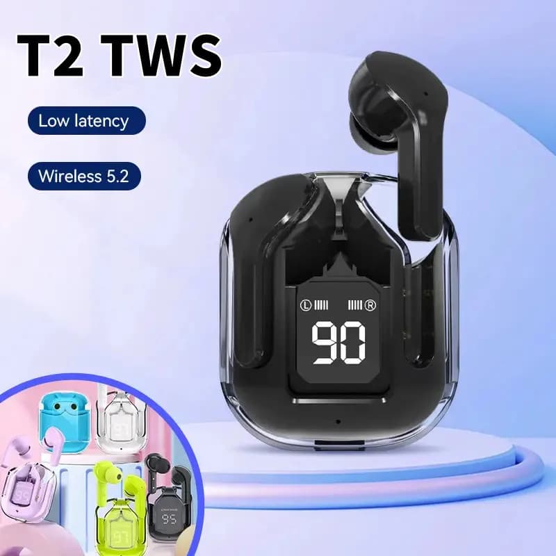 Fones de Ouvido Bluetooth T2 Originais Transparentes HIFI com Display Digital LED e Som Estéreo para Xiaomi