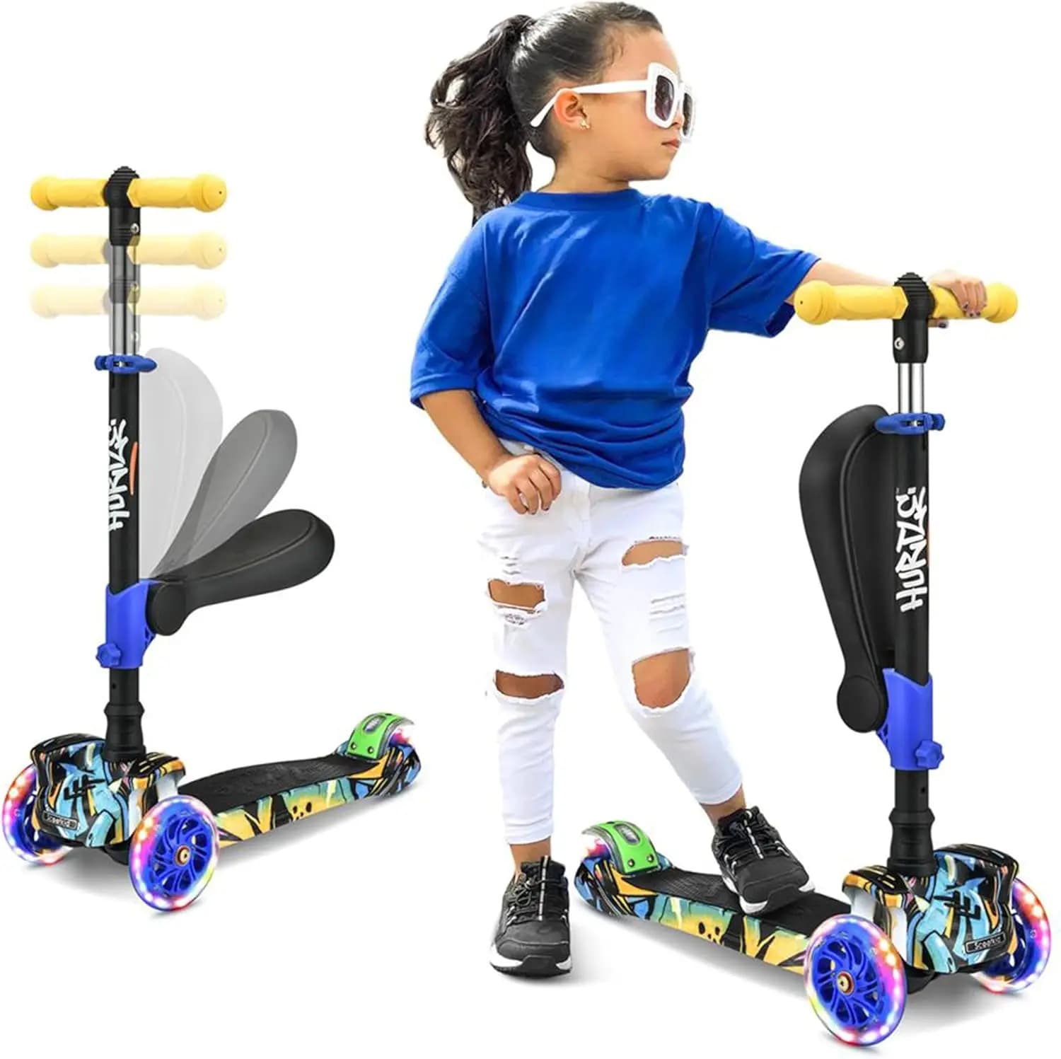 Patinete Infantil de 3 Rodas com Luzes LED, Guidão Ajustável e Assento Dobrável - Para Sentar ou Andar em Pé, Idades de 1 a 14 Anos