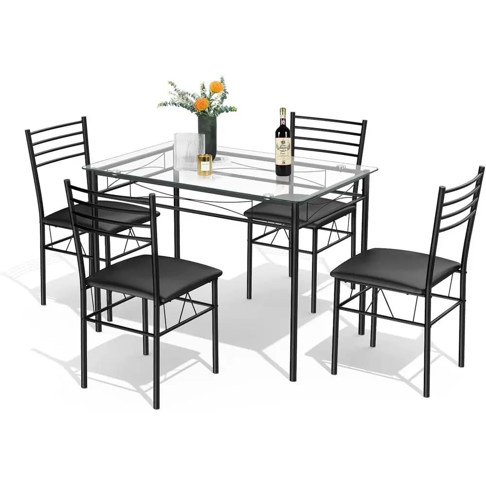 Conjunto de jantar com tampo de vidro de 5 peças com 4 cadeiras, móveis pretos para cozinha e sala de jantar