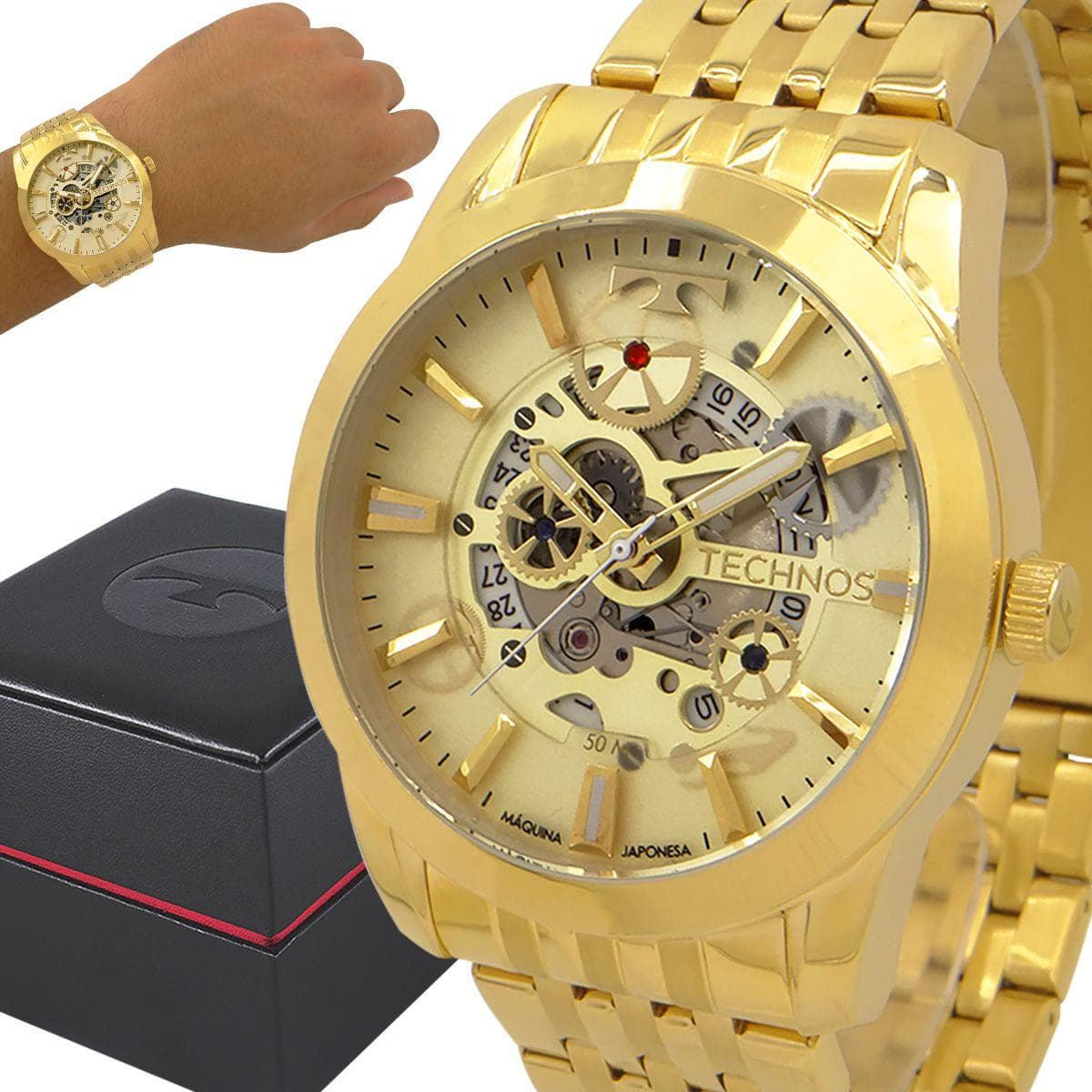 Relógio Masculino Automático Technos Dourado Prova d'água com carteira Review 2024 — Vale a Pena?