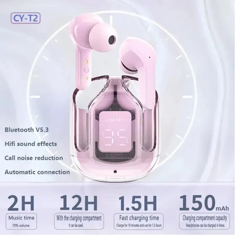 Fones de Ouvido Bluetooth T2 Originais Transparentes HIFI com Display Digital LED e Som Estéreo para Xiaomi